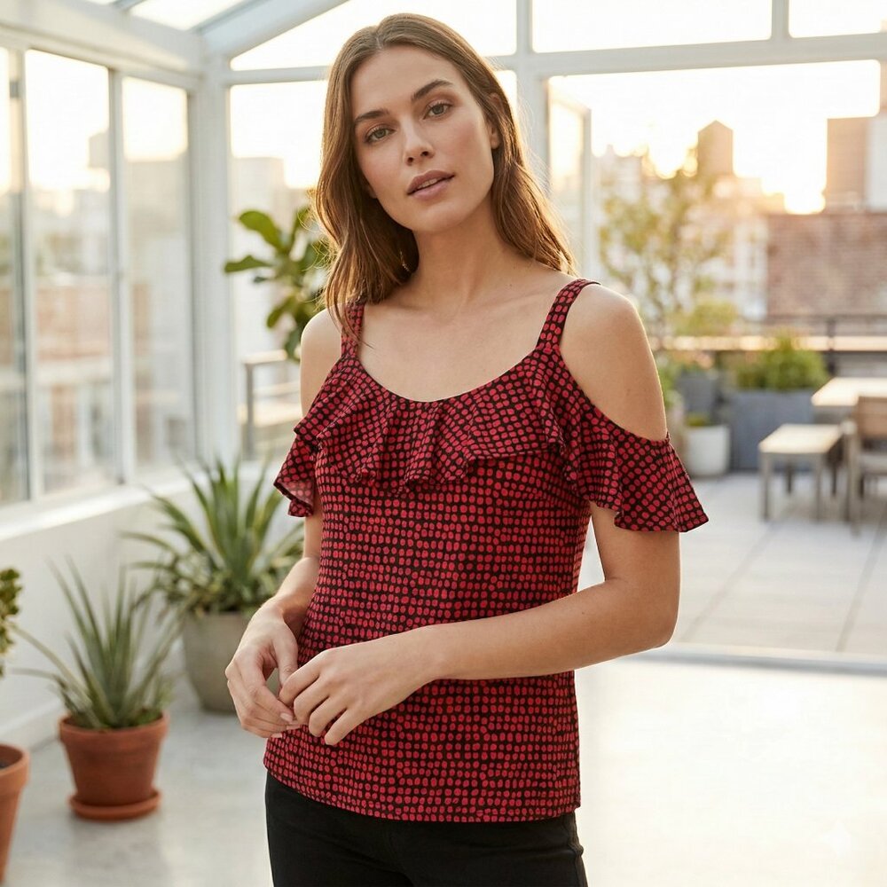 Simply Styled Women's Black Red Polka Dot Cold Shoulder Ruffle Top‎ S/C